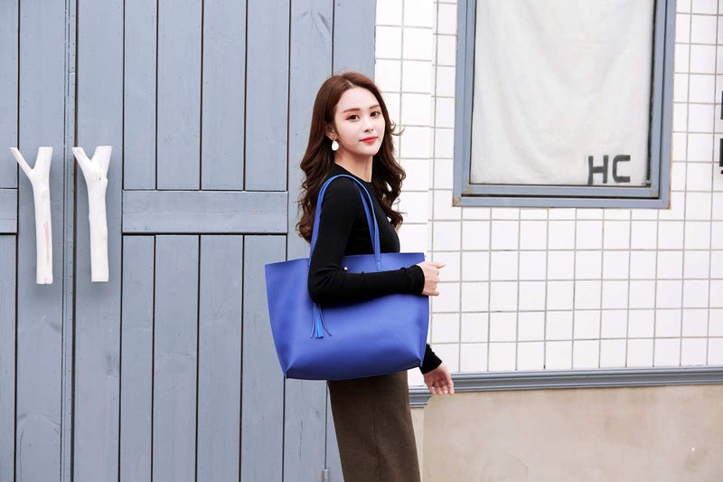 Dreubea Women's Soft Faux Leather Tote Shoulder Bag from, Big Capacity Tassel Handbag Royal Blue - Image 5
